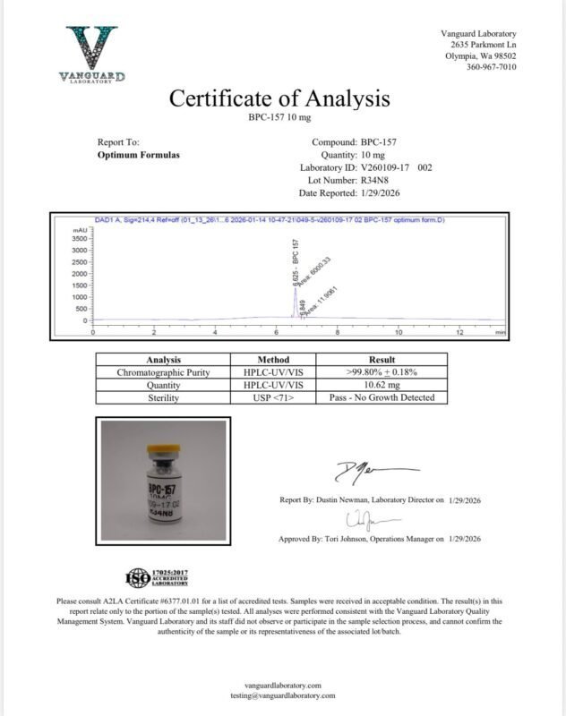 Mapped certificate of analysis or detection report for BPC-157